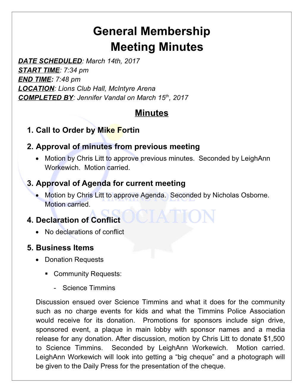 General Membershipmeeting Minutes