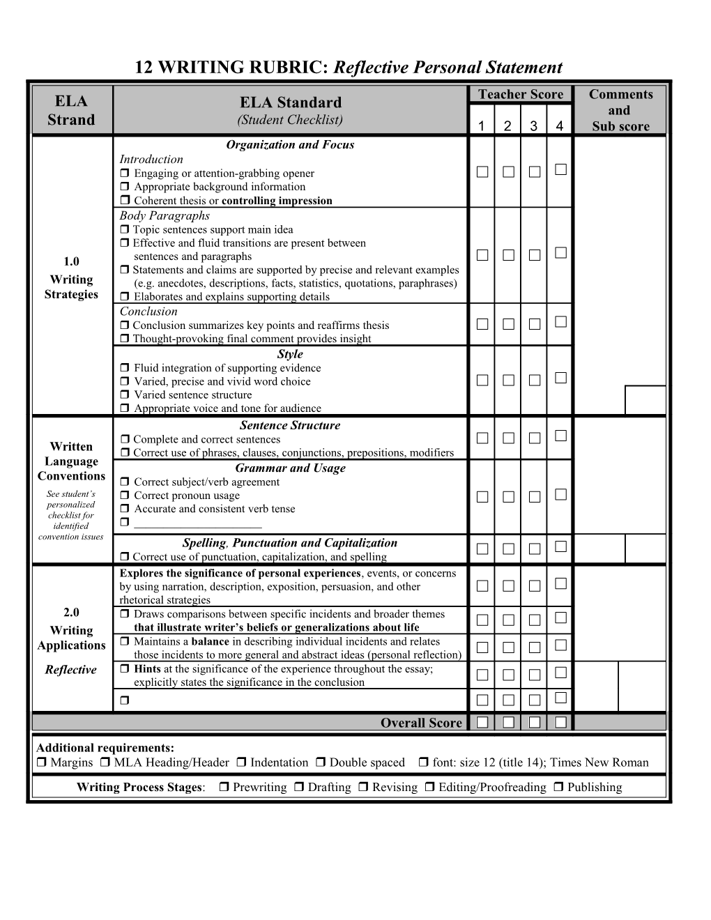 11-12 WRITING RUBRIC: Reflective