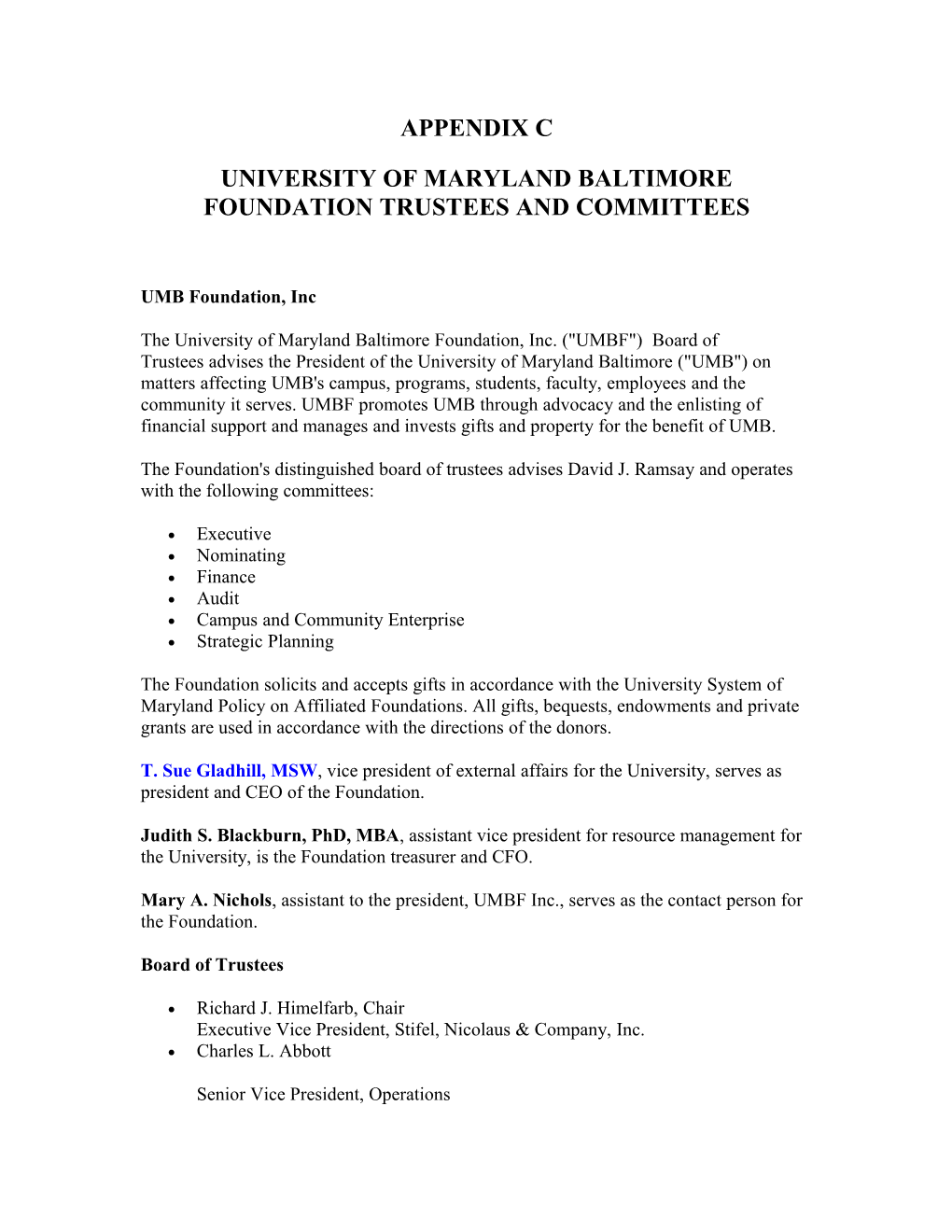 University of Marylandbaltimore Foundation Trustees and Committees