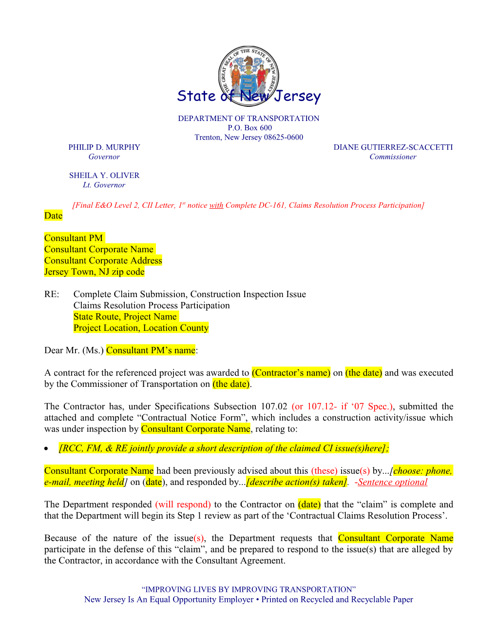 Final E&O Level 2, CII Letter, 1St Notice with Complete DC-161, Claims Resolution Process