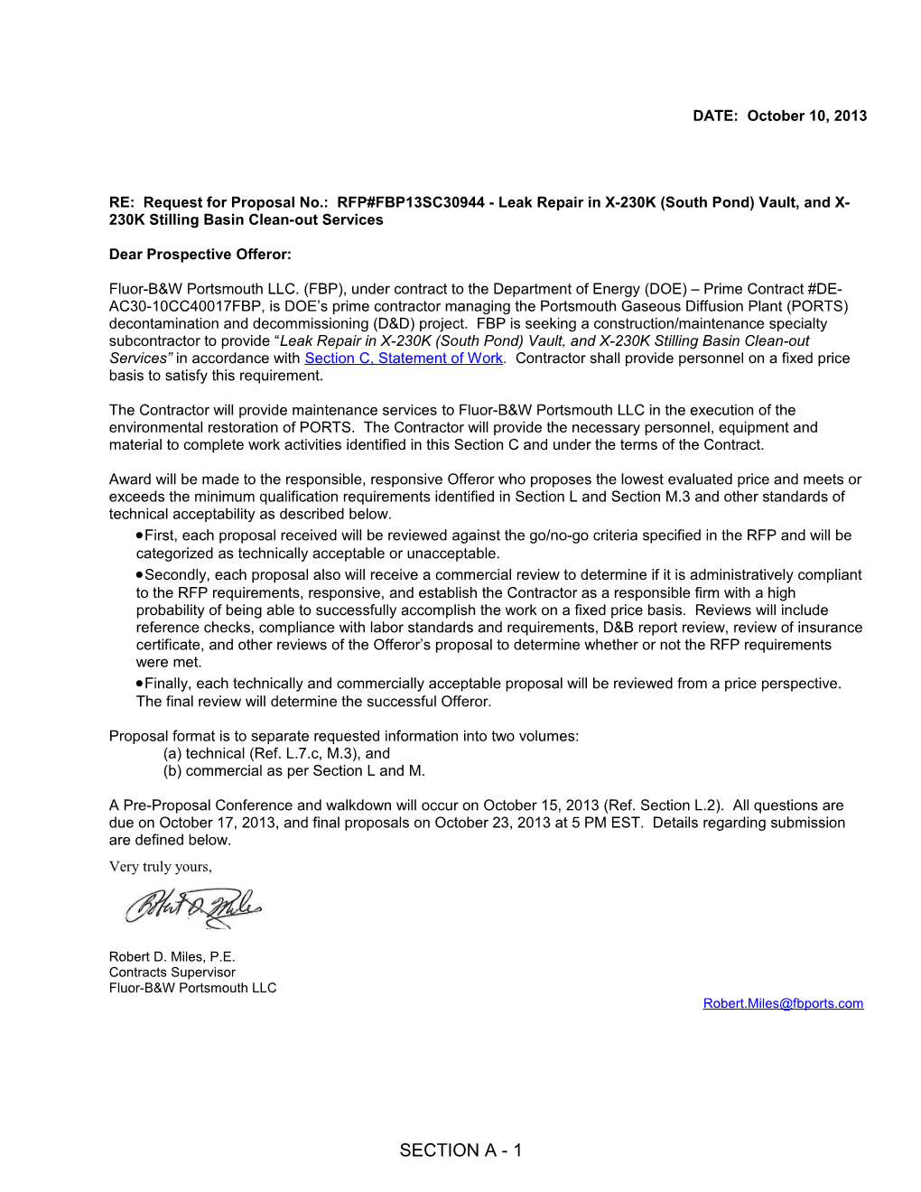 RE: Request for Proposal No.: RFP#FBP13SC30944 - Leak Repair in X-230K (South Pond) Vault