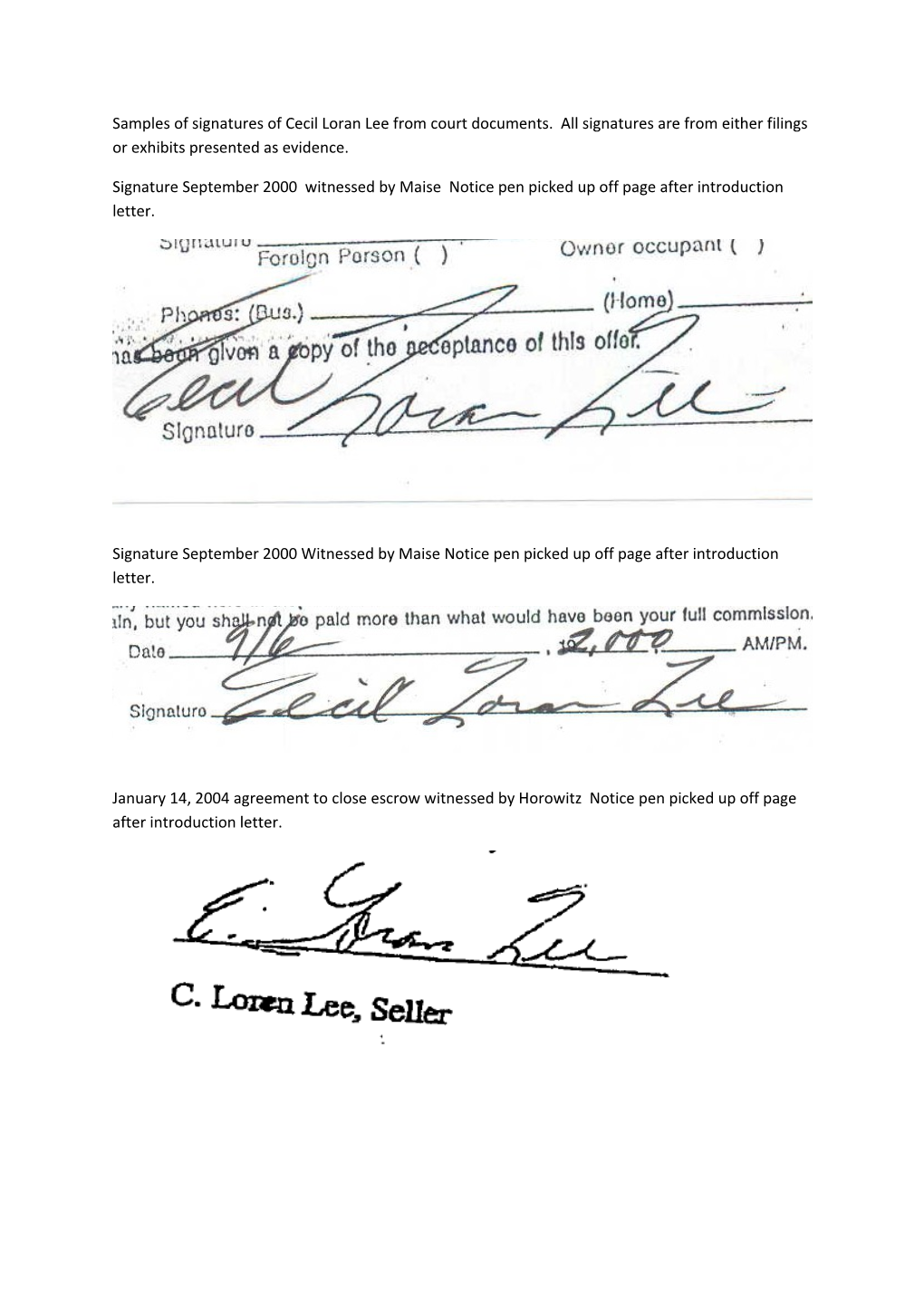 Samples of Signatures of Cecil Loran Lee from Court Documents. All Signatures Are From