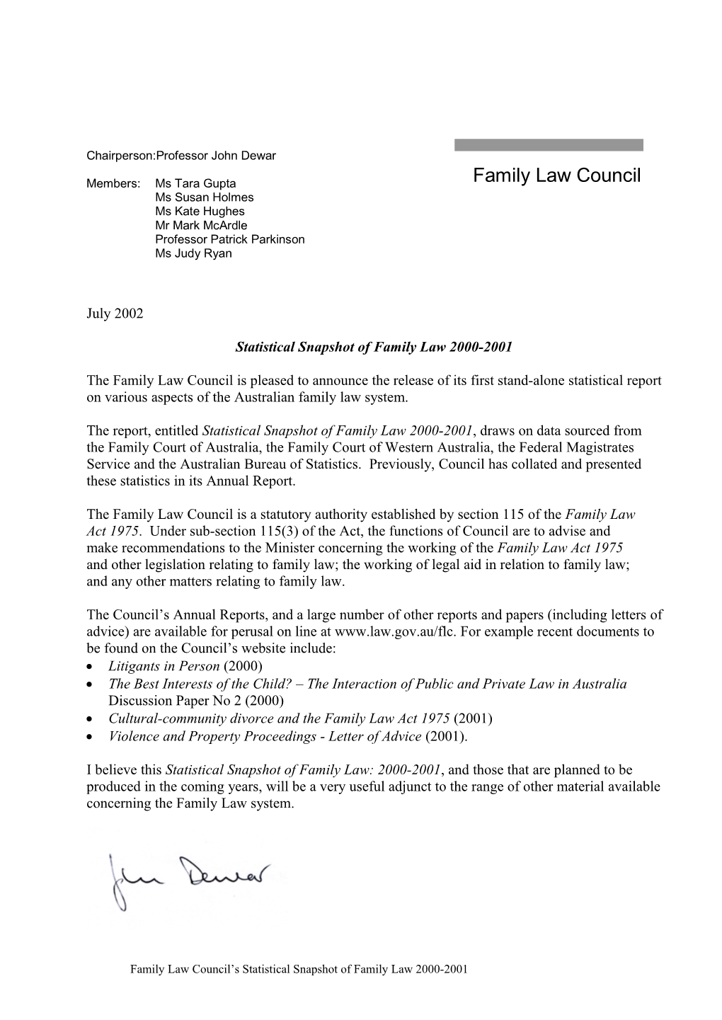 Statistical Snapshot of Family Law 2000-2001