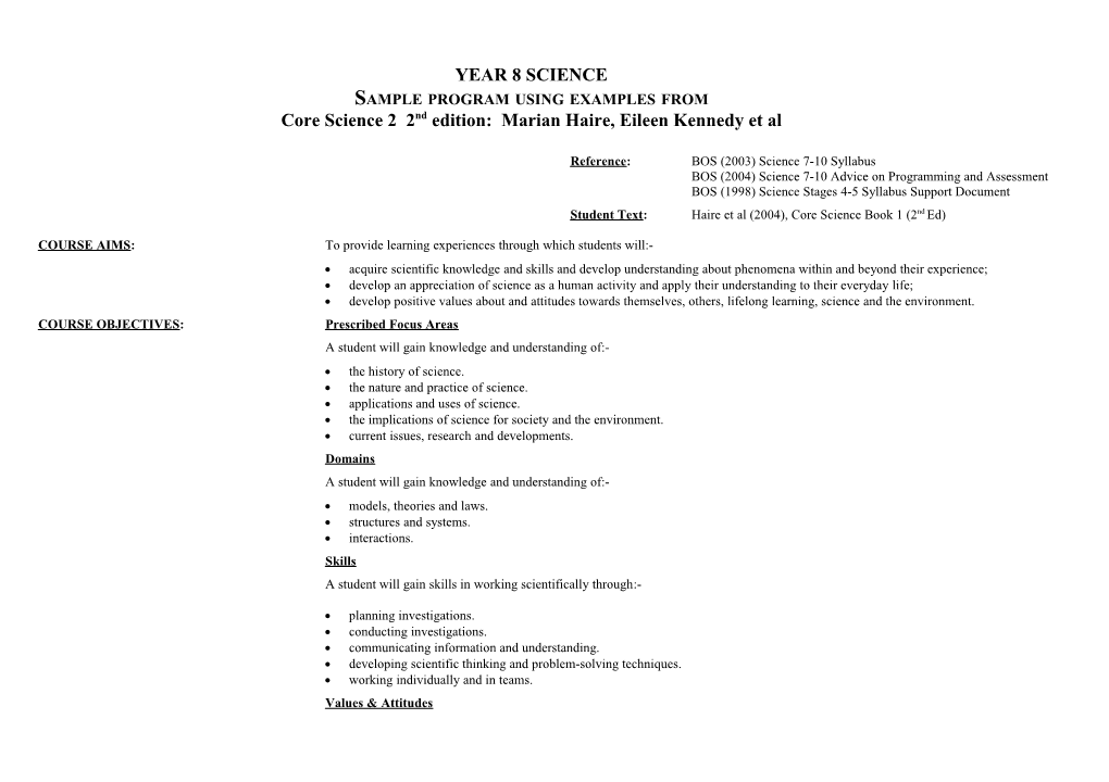 Year 8 Sample Program - Using Core Science