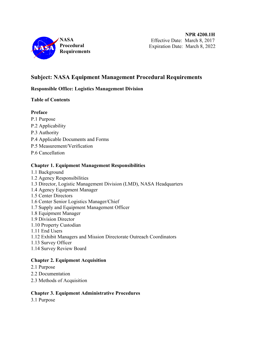 Subject: NASA Equipment Management Procedural Requirements