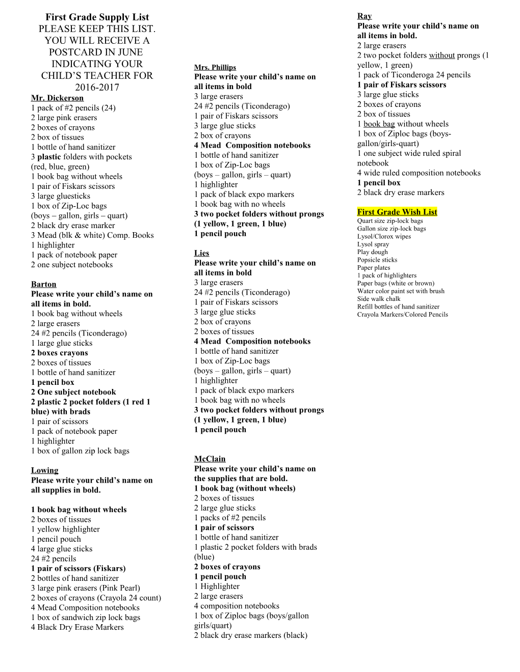 First Grade Supply List