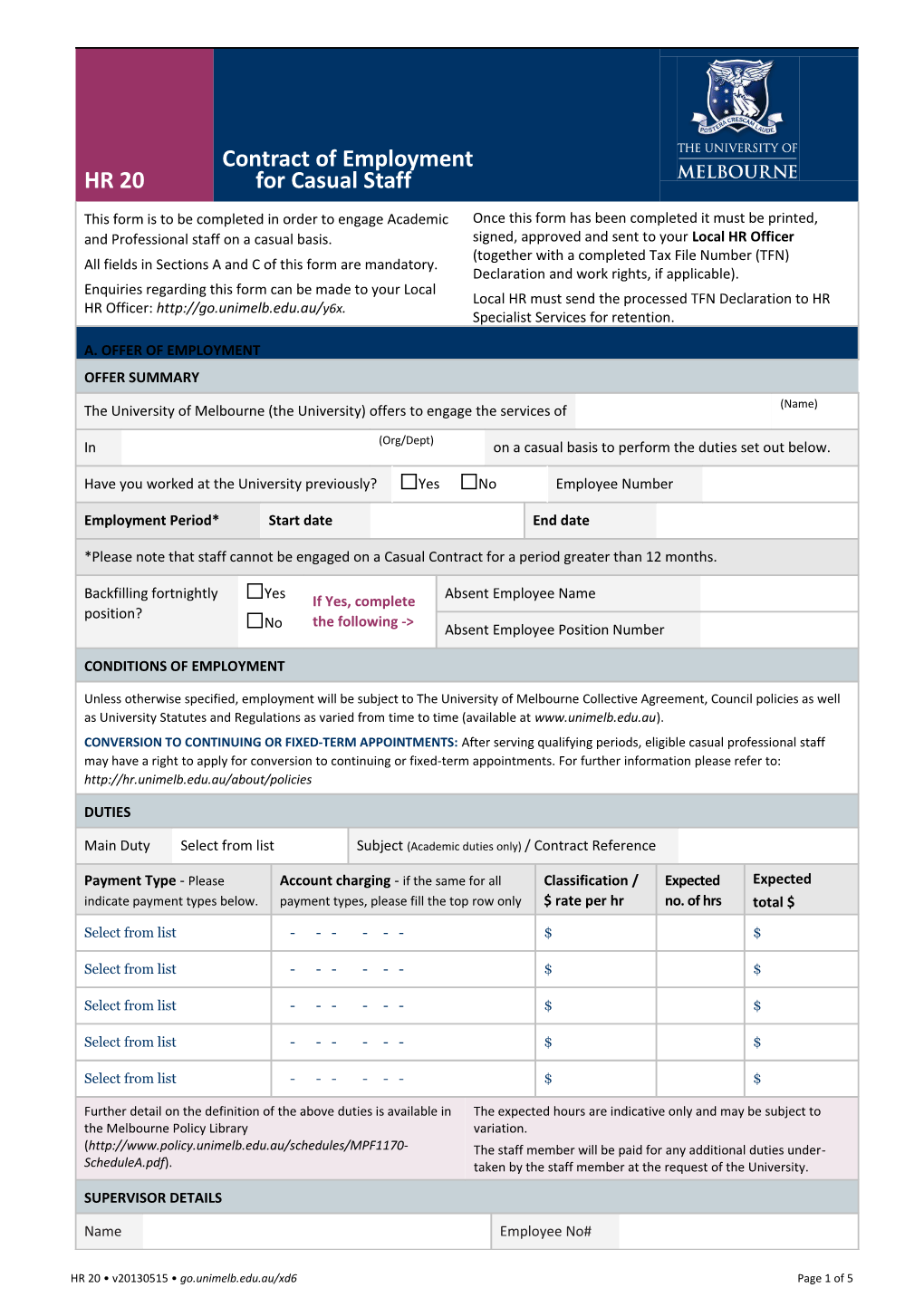 HR 20A: Contract of Employment - Casual Academic Staff