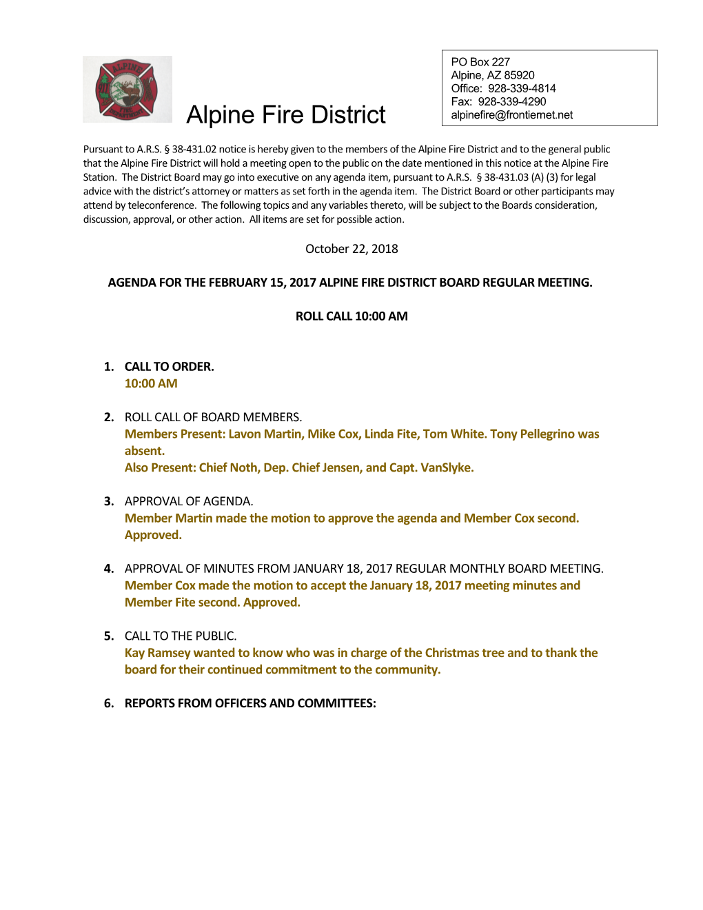 Agenda for the February 15, 2017 Alpine Fire District Board Regular Meeting