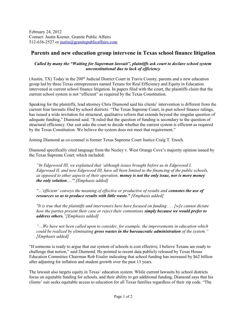 Parents and New Education Group Intervene in Texas School Finance Litigation
