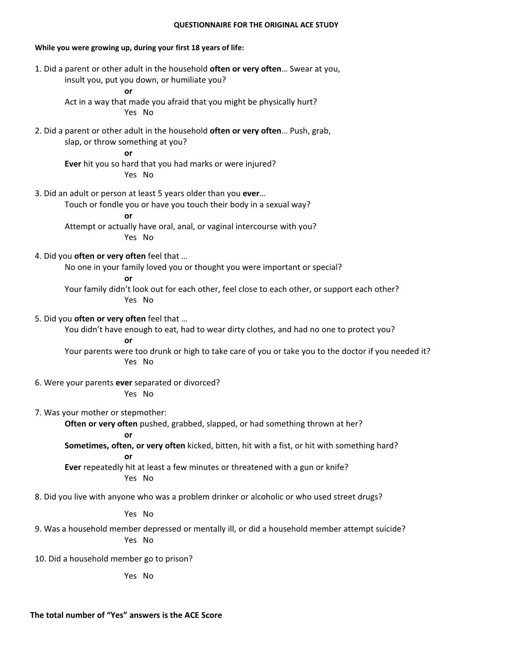 Questionnaire for the Original Ace Study