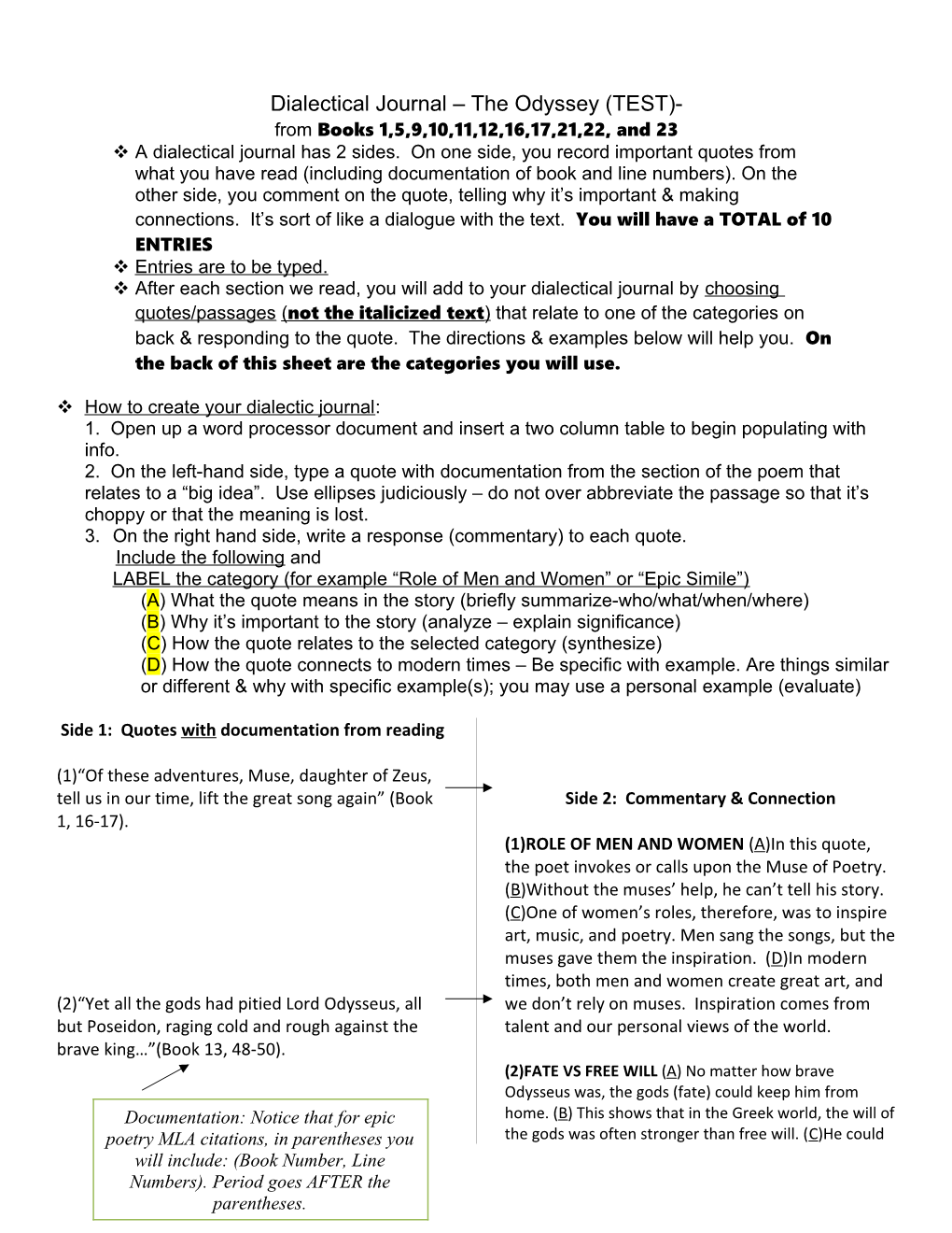 Dialectical Journal the Odyssey (TEST)