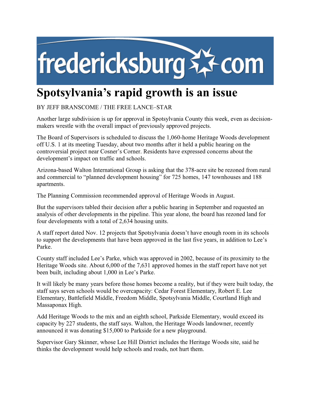 Spotsylvania S Rapid Growth Is an Issue