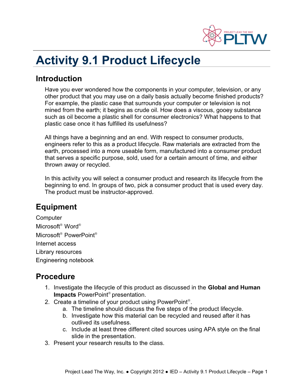 Activity 9.1 Product Lifecycle