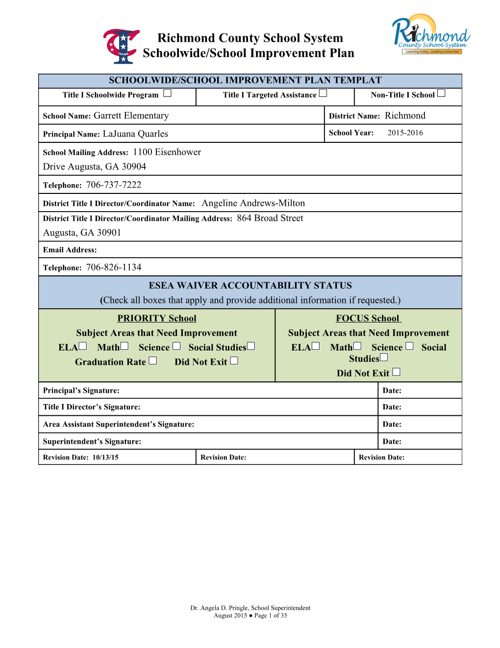 Schoolwide/School Improvement Plan