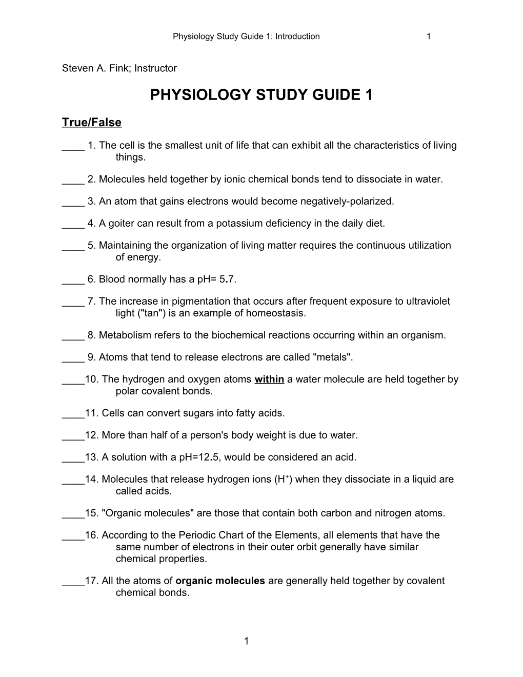 Physiology Study Guide 1: Introduction1