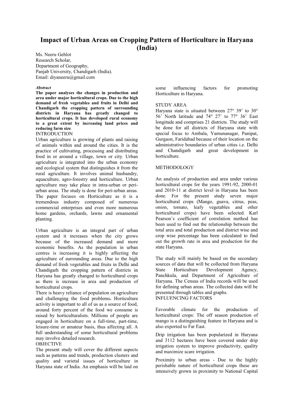 Impact of Urban Areas on Cropping Pattern of Horticulture in Haryana (India)