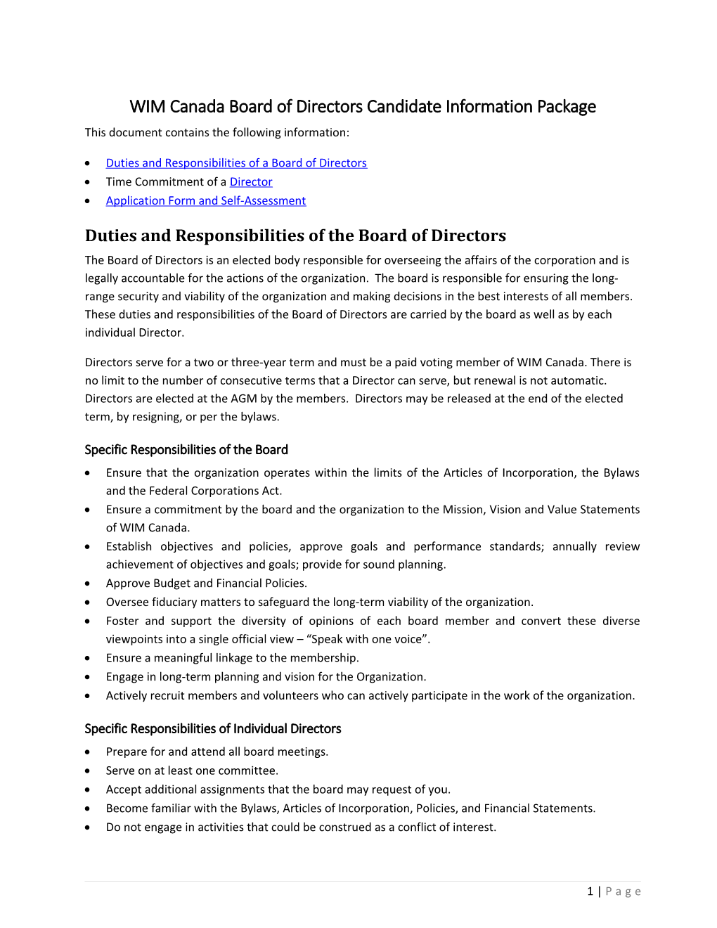 WIM Canada Board of Directors Candidate Information Package