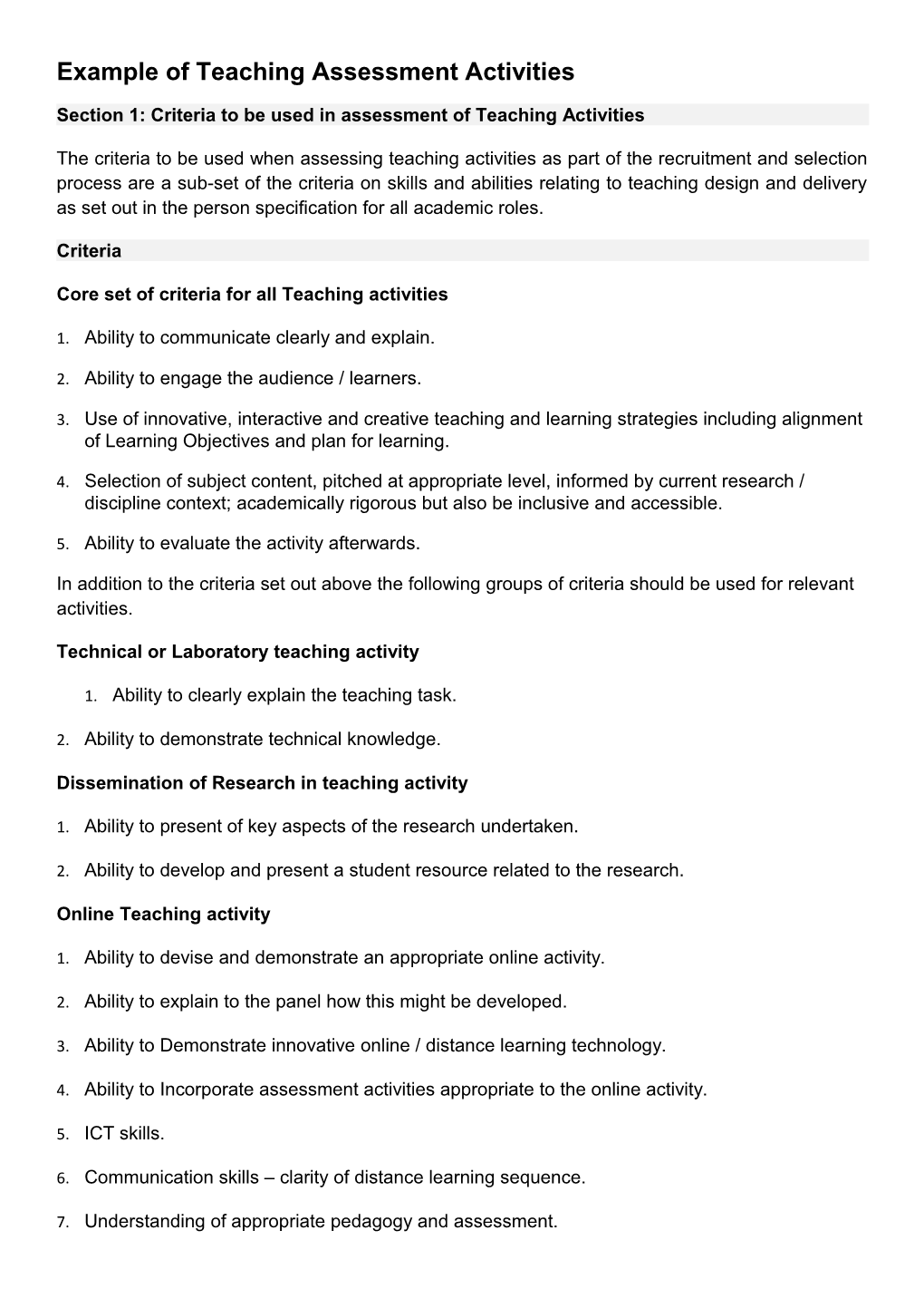 Example of Teaching Assessment Activities