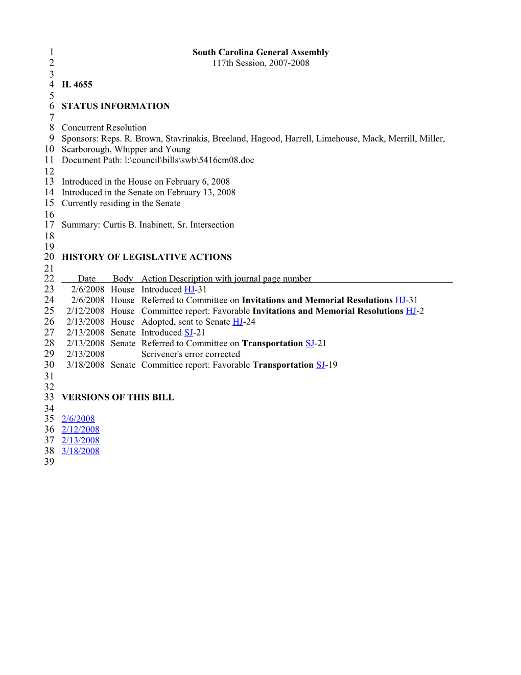 2007-2008 Bill 4655: Curtis B. Inabinett, Sr. Intersection - South Carolina Legislature Online