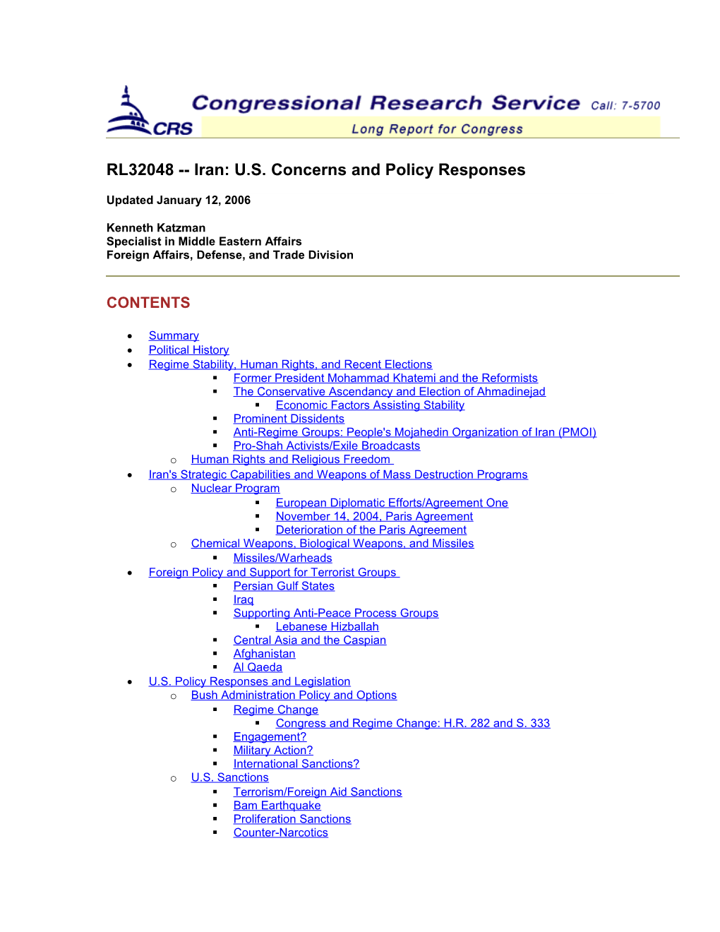 RL32048 Iran: U.S. Concerns and Policy Responses