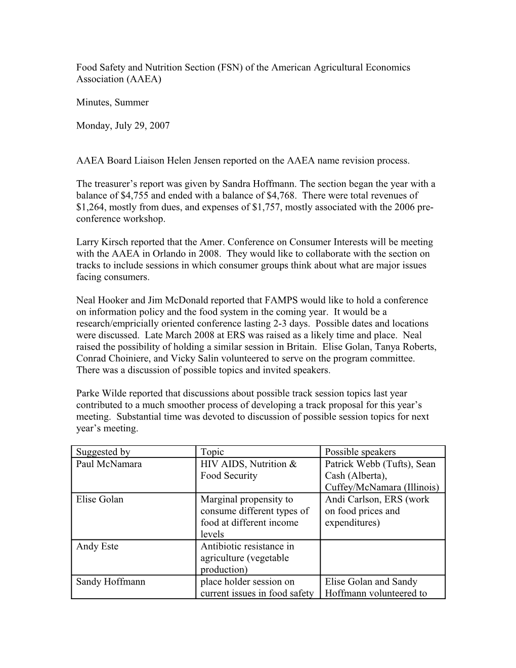 Food Safety and Nutrition Section (FSN) of the American Agricultural Economics Association