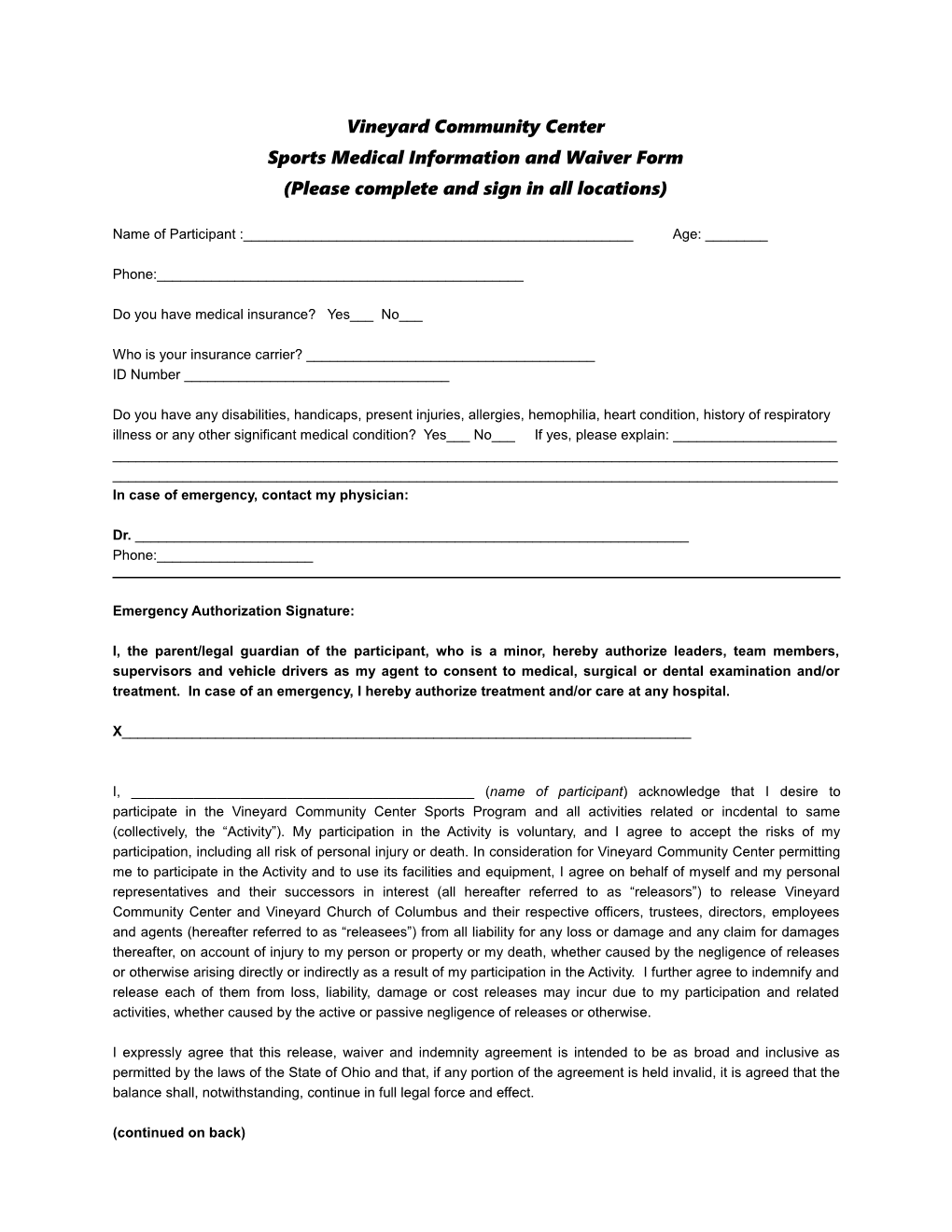 Sports Medical Information and Waiver Form