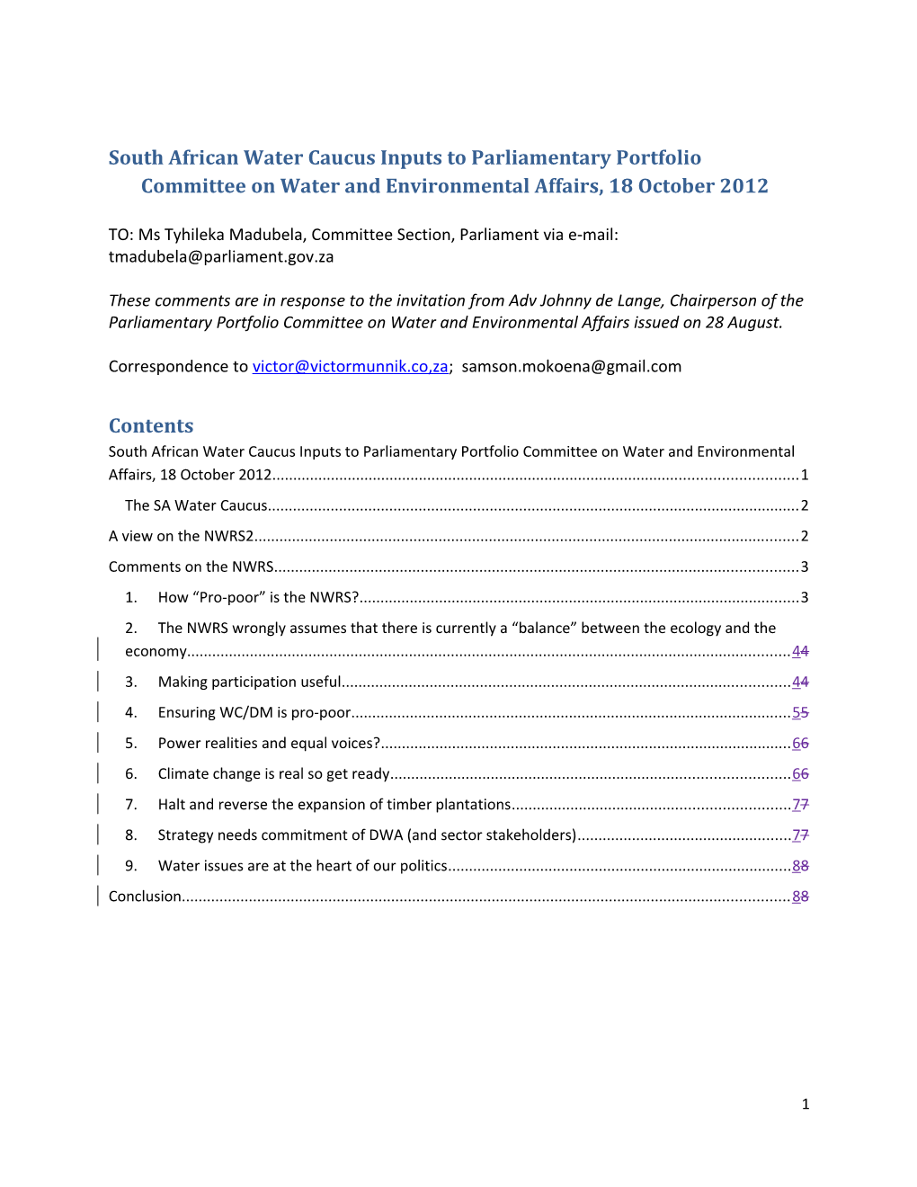 South African Water Caucus Inputs to Parliamentary Portfolio Committee on Water And