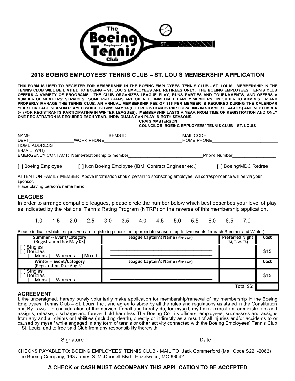 2018 Boeing Employees Tennis Club St. Louis Membership Application