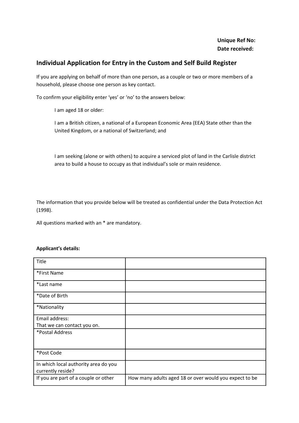 Individual Application for Entry in the Custom and Self Build Register