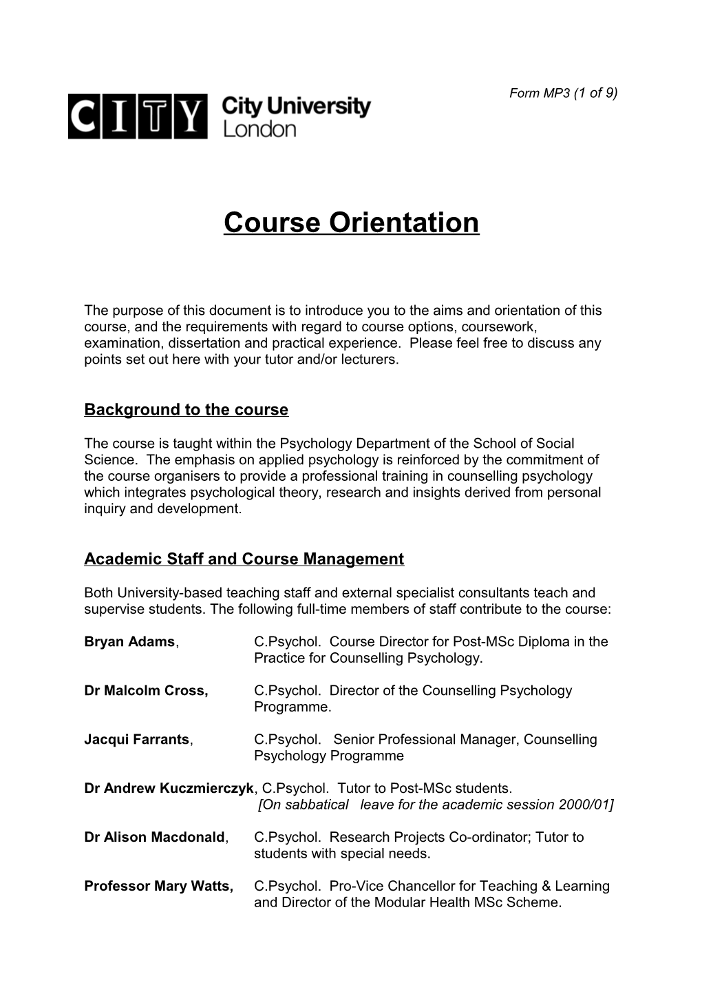 City University - MP3 - Course Handbook Excerpt