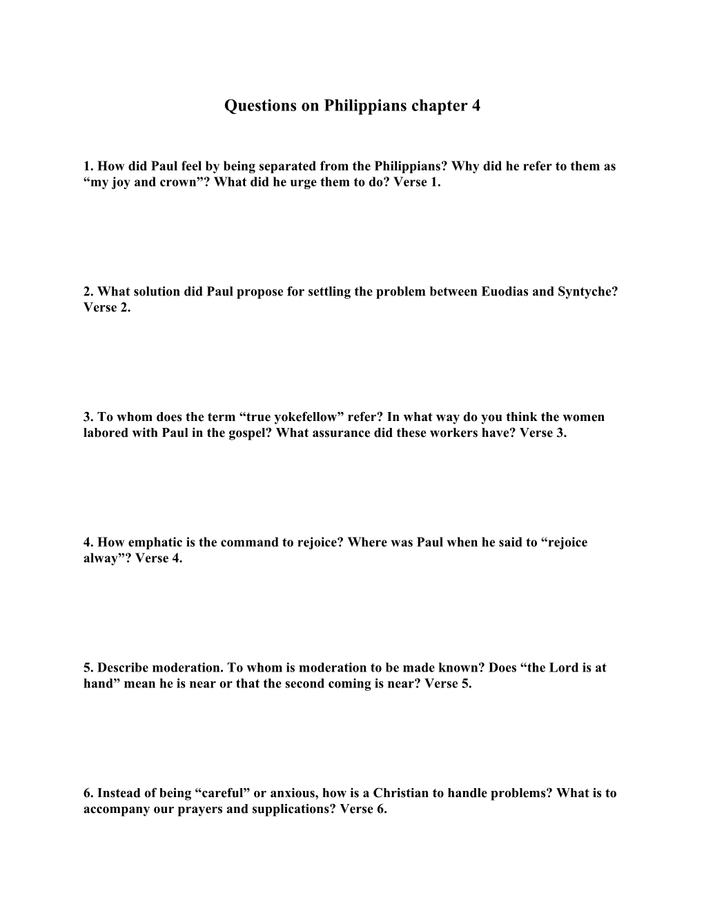 Questions on Philippians Chapter 4