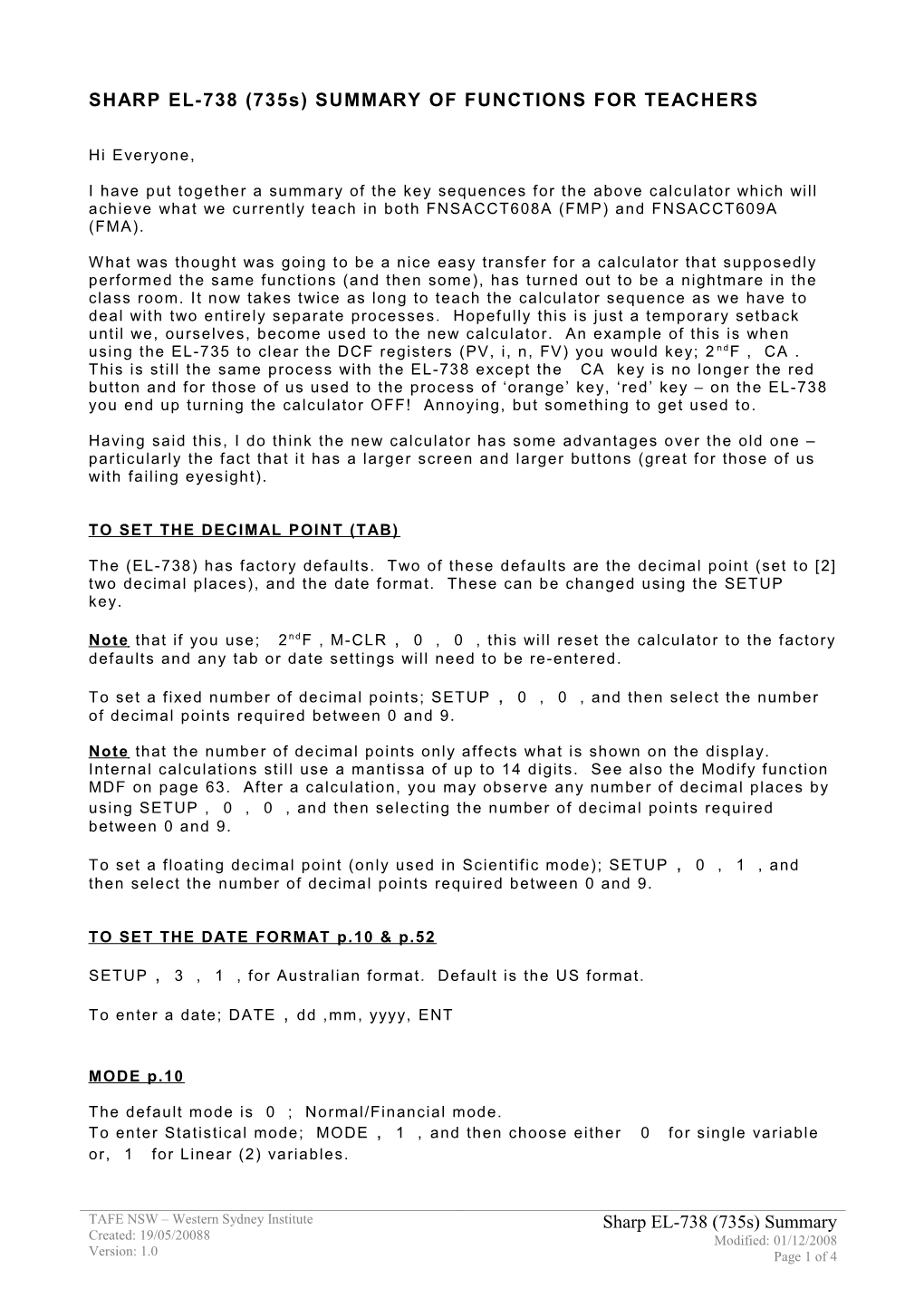 SHARP EL-735S (EL-738) SUMMARY of FUNCTIONS for TEACHERS