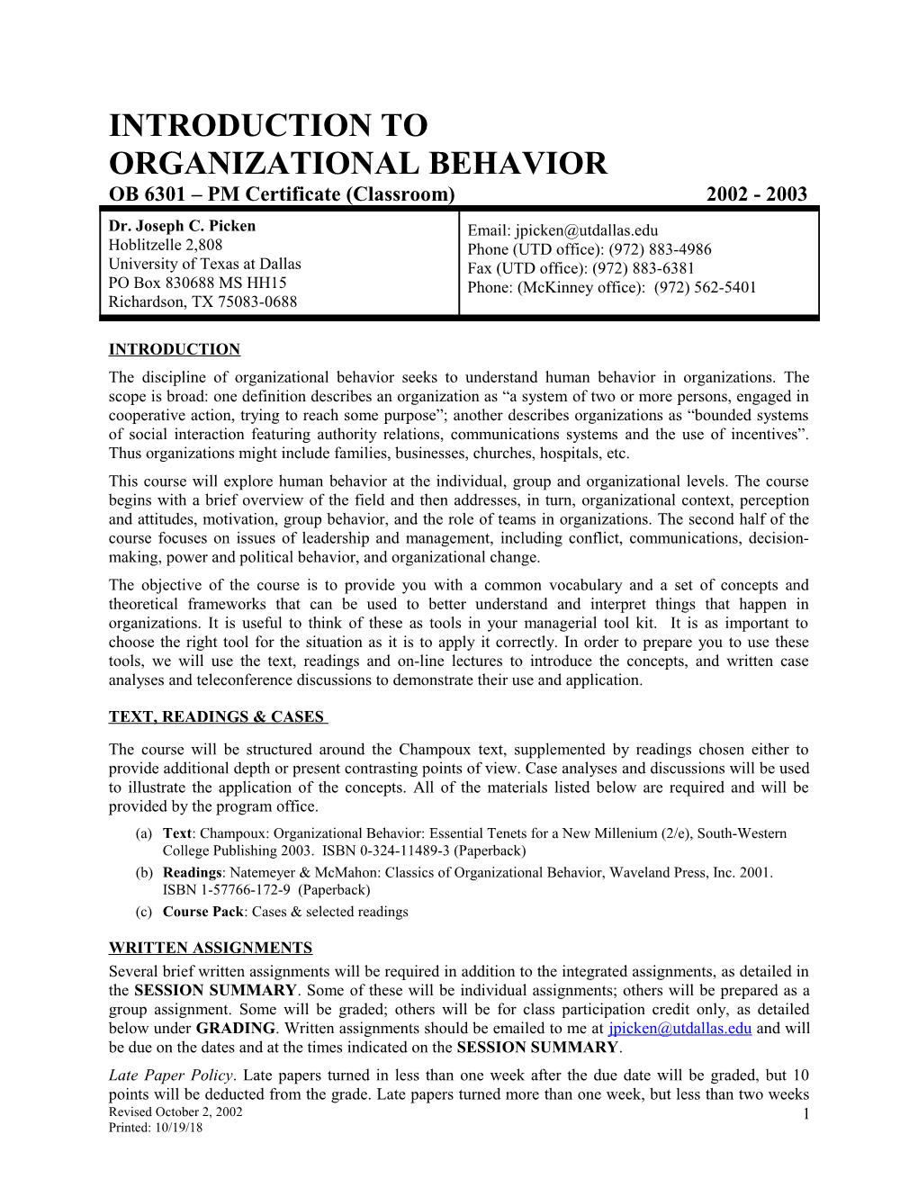 OB 6301 Introduction to Organizational Behavior