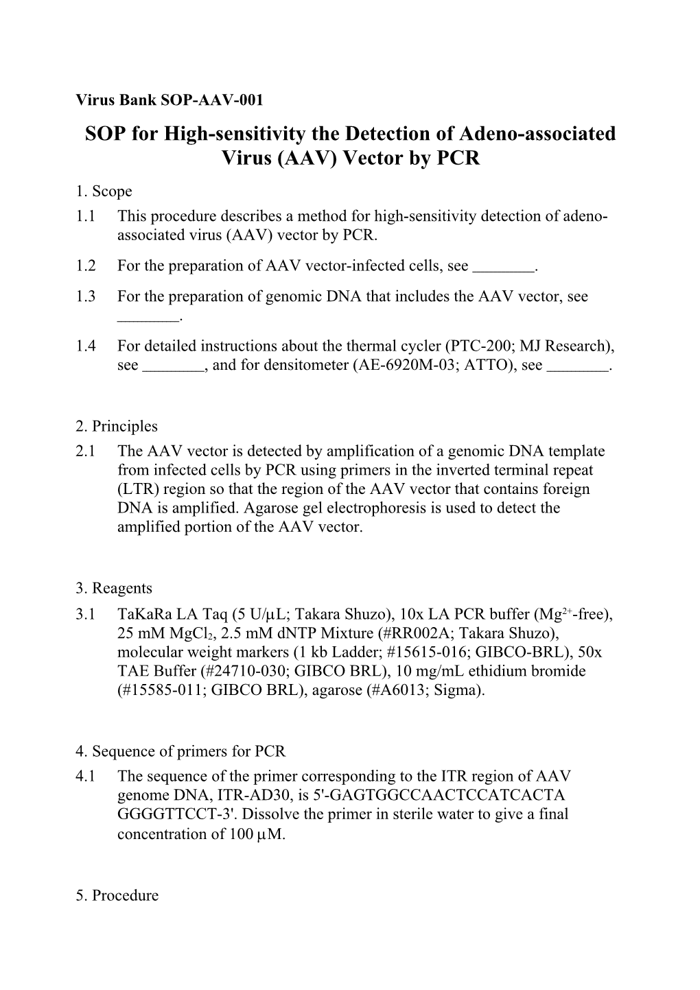 SOP for High Sensitive Detection of Adeno- Associated Virus (AAV)Vector by PCR