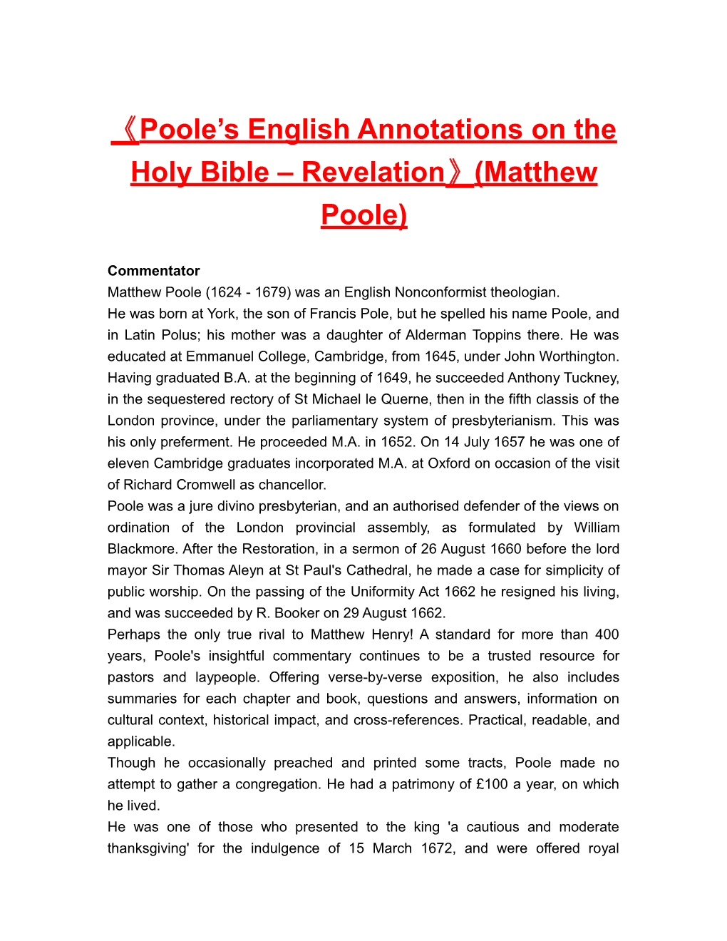 Poole S English Annotationson the Holy Bible Revelation (Matthew Poole)