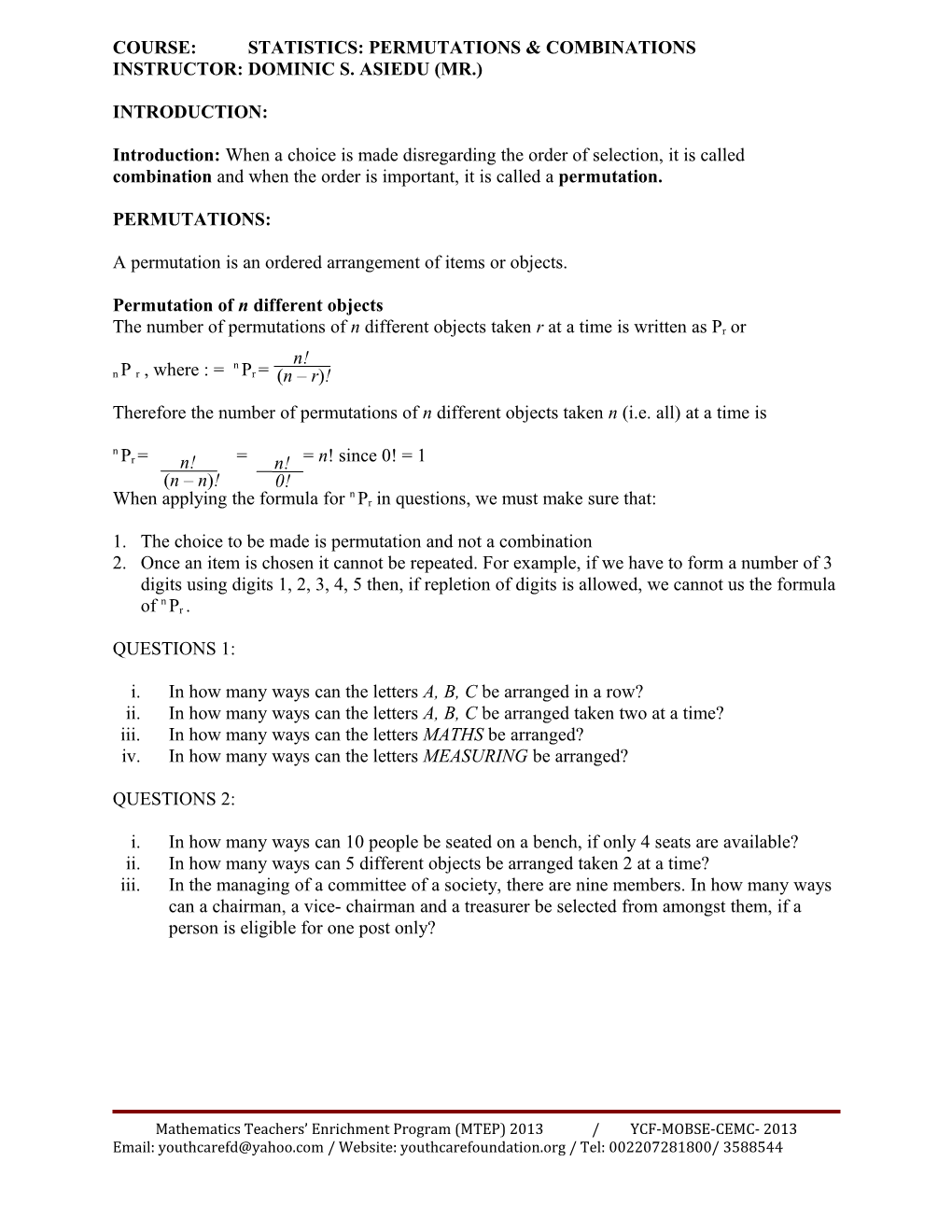 Course: Statistics: Permutations & Combinations