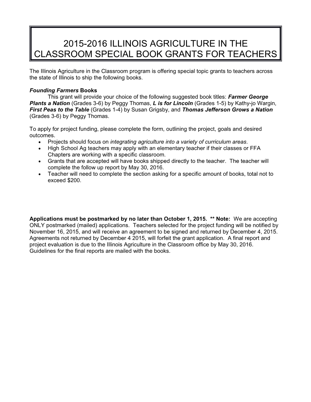 2015-2016Illinois Agriculture in the Classroom Special Book Grants for Teachers