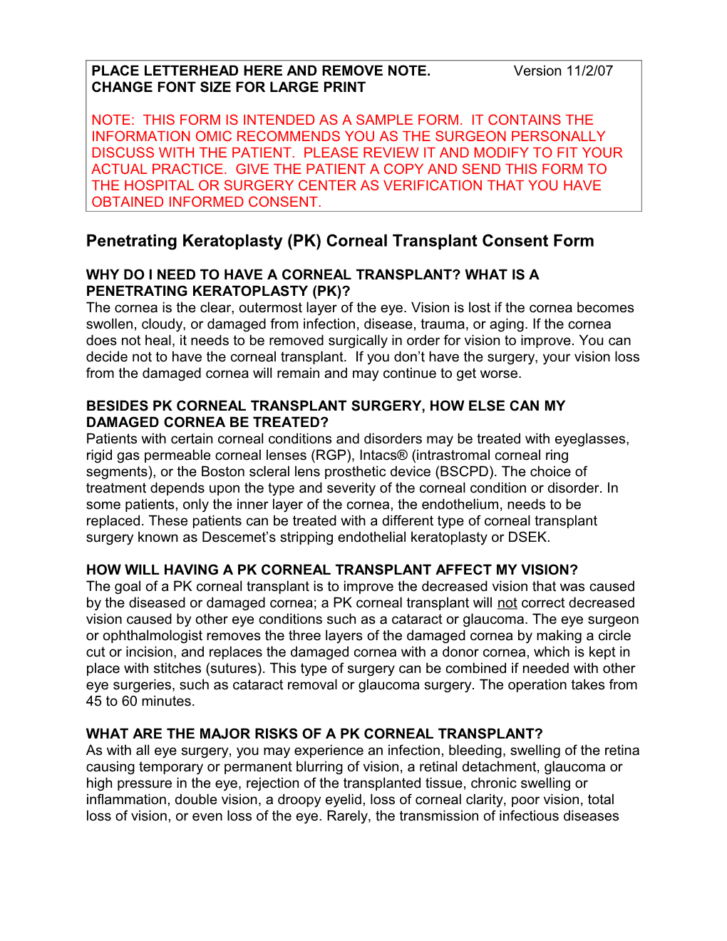 Informed Consent for Penetrating Keratoplasty (PK) Corneal Transplant