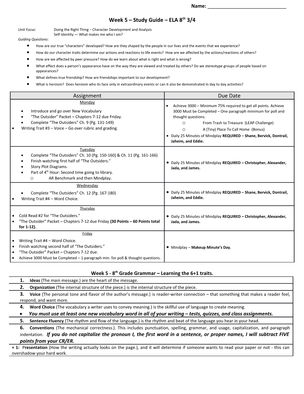 Week 5 Study Guide ELA 8Th 3/4