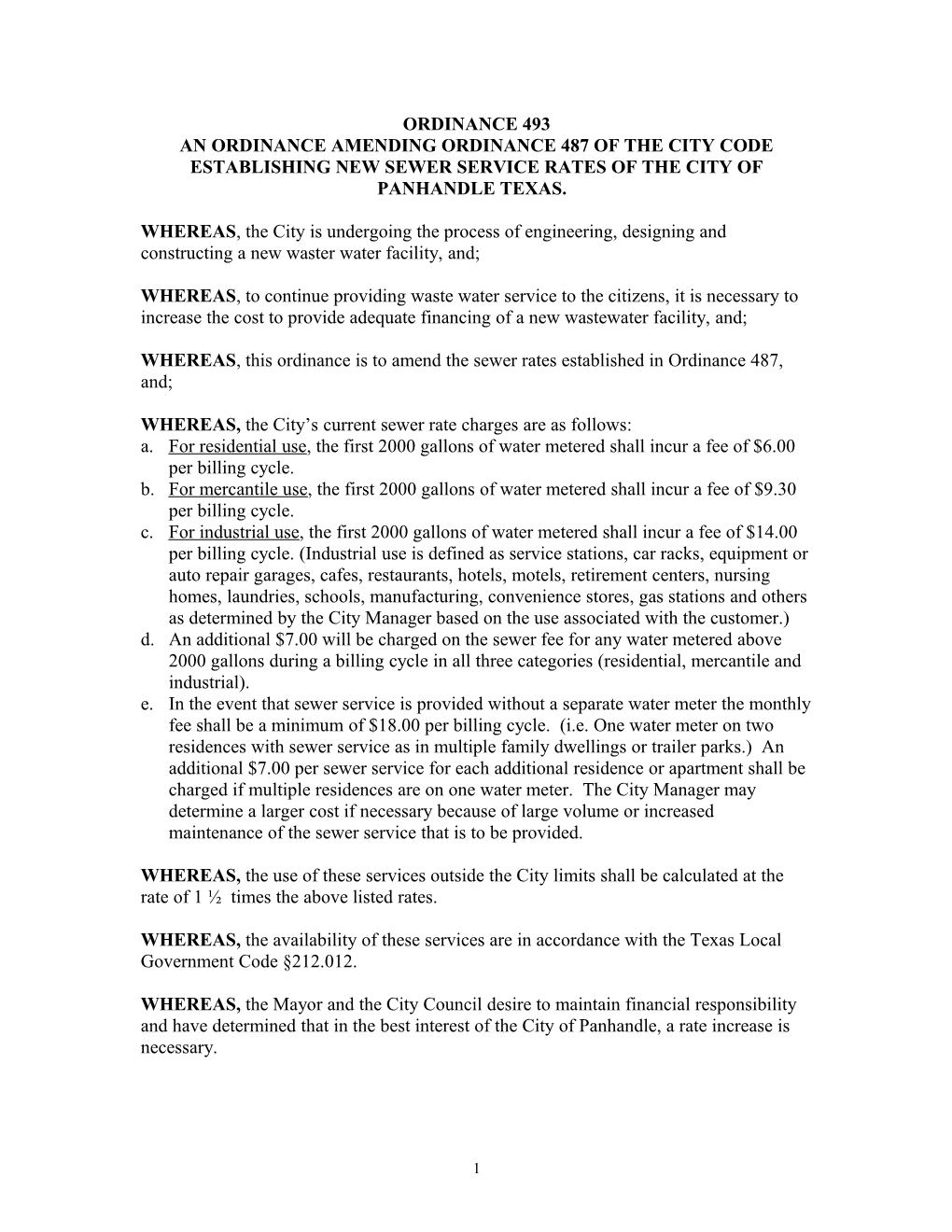 An Ordinance Amending Ordinance 487 of the City Code Establishing New Sewer Service Rates