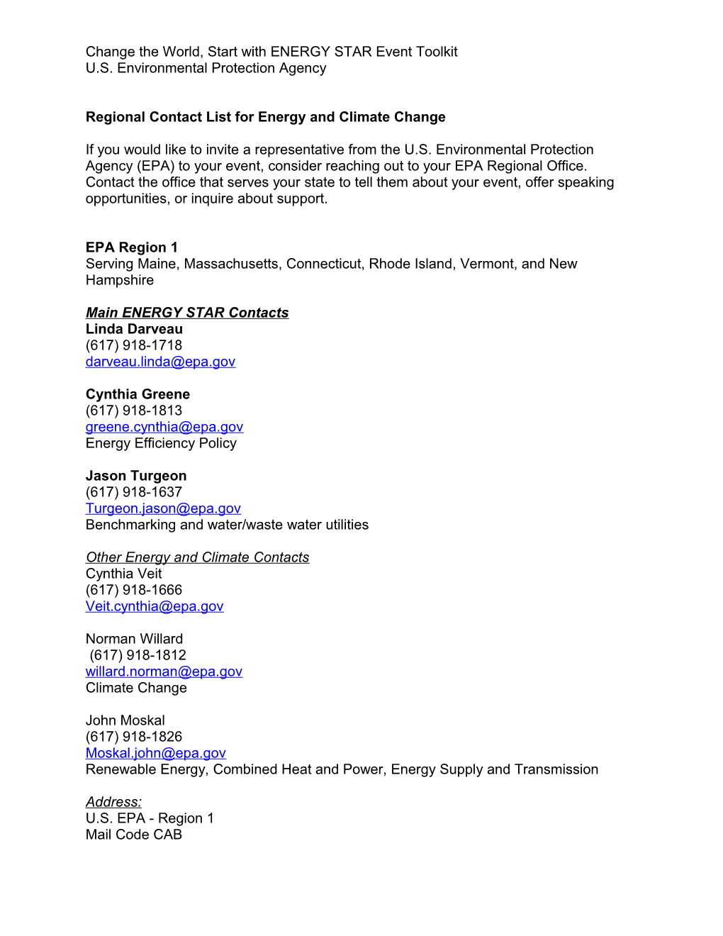 Regional Contact List for Energy and Climate Change