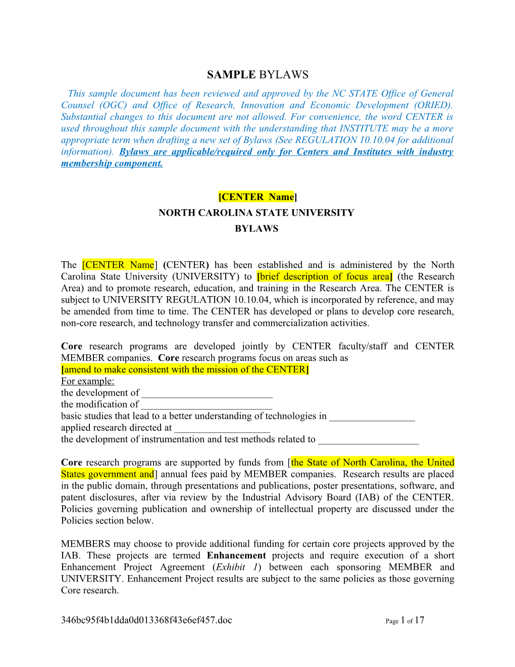 Template Bylaws and Membership Agreement (N0021034;1)