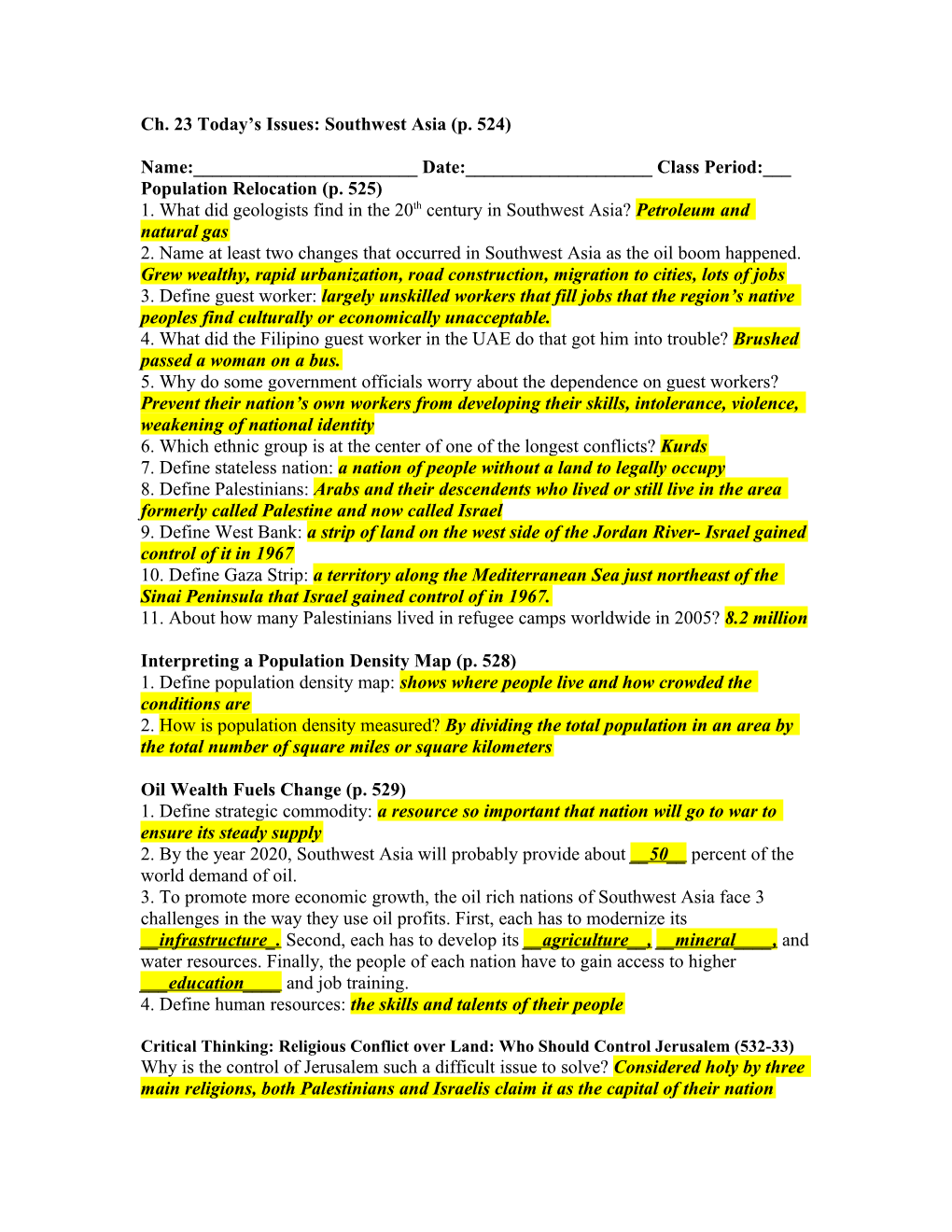 Ch. 23 Today S Issues: Southwest Asia (P. 524)