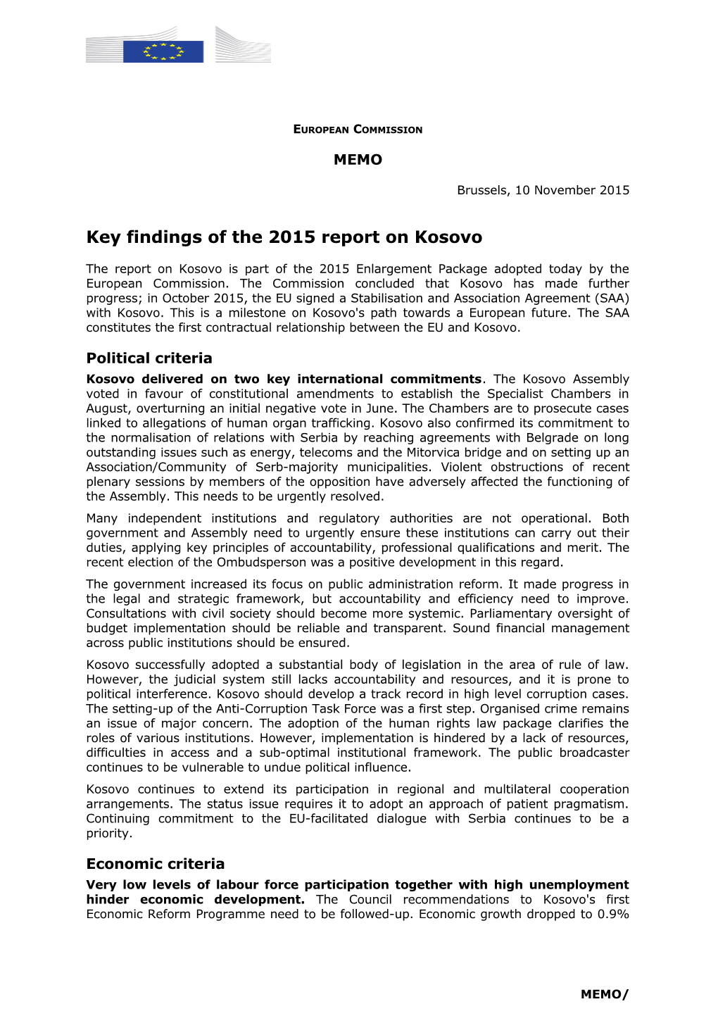 Key Findings of the 2015 Report on Kosovo