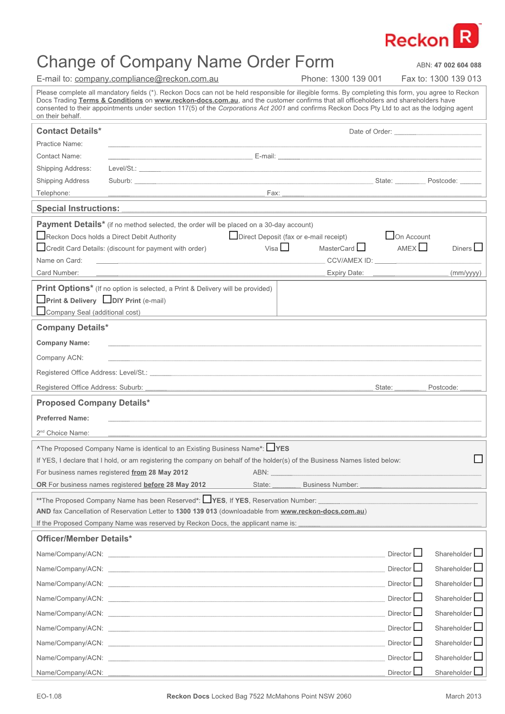 Change of Company Name Order Formabn: 47 002 604 088