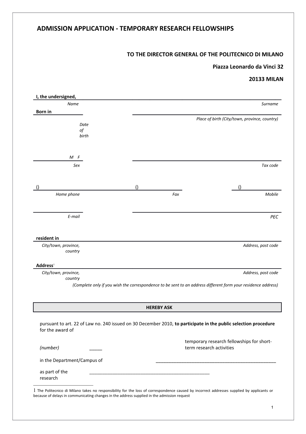 Admission Application - Temporary Research Fellowships