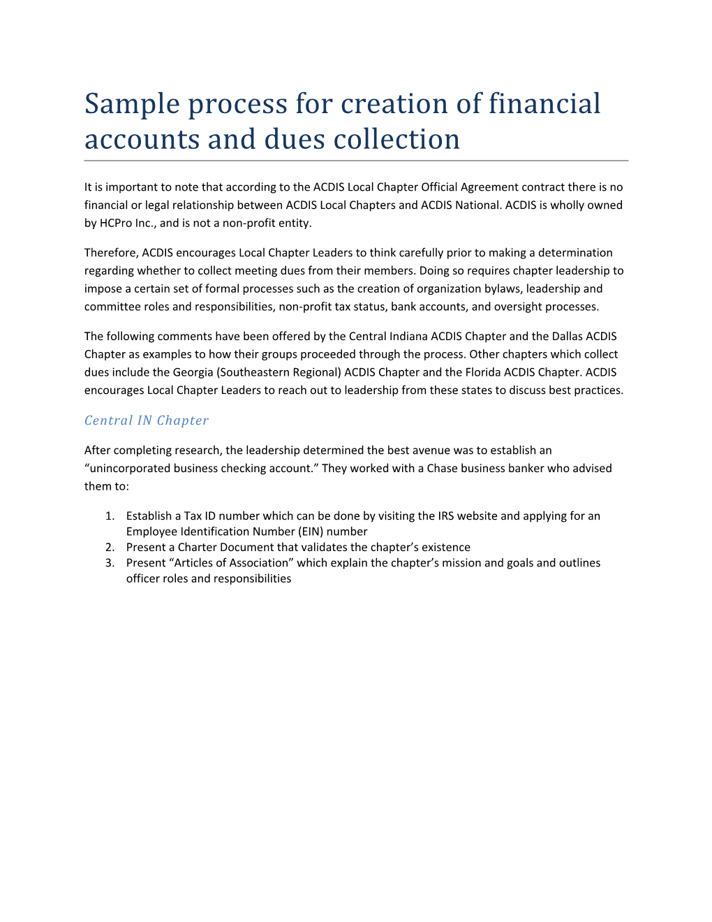 Sample Process for Creation of Financial Accounts and Dues Collection