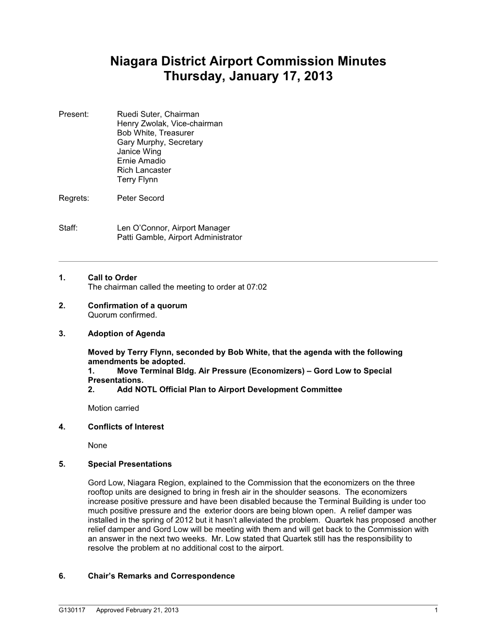 Niagara District Airport Commission Minutes