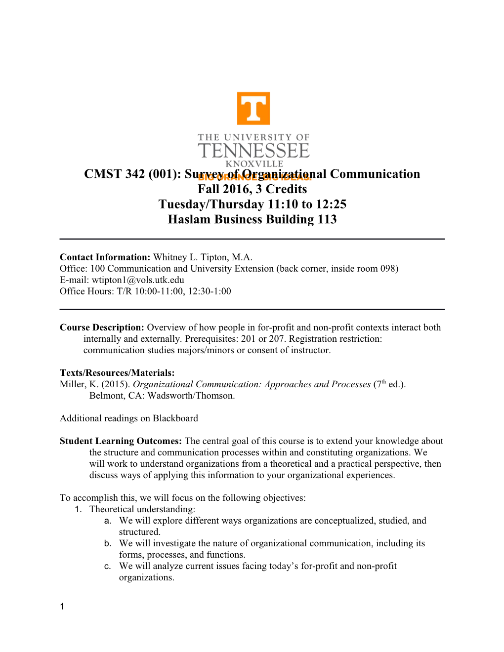 CMST 342 (001): Survey of Organizational Communication