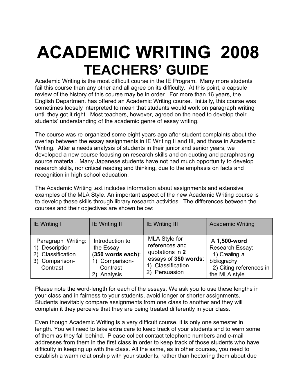Academic Writing 2005 Teachers Notes